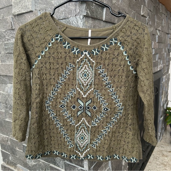 Free People Tops - Free People Olive Green Lace Top w/ Aztec Embroidery Details